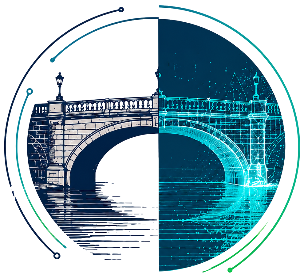 ReDiW-Bridge project emblem — a heritage bridge rendered half as a hand-drawn survey, half as a digital laser scan